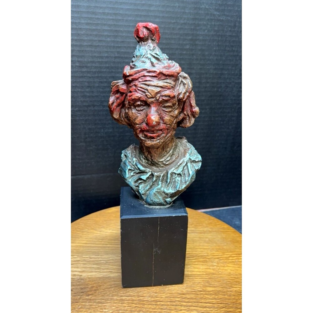 Vtg Austin Prod Inc 12.5” Clown Sculpture on Wood Base Expressionist Figurative